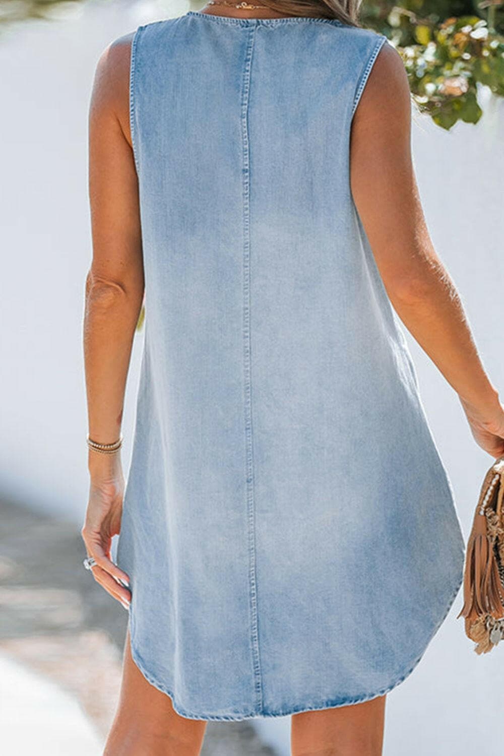 Notched Sleeveless Denim Dress.