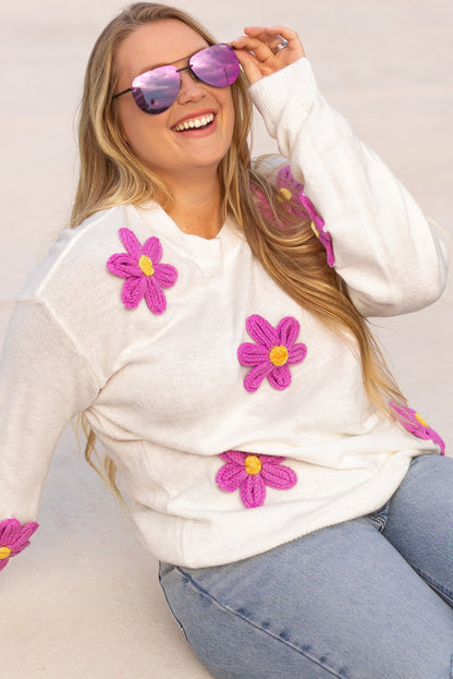 Elegant white plus size floral crochet knit sweater with drop shoulder design