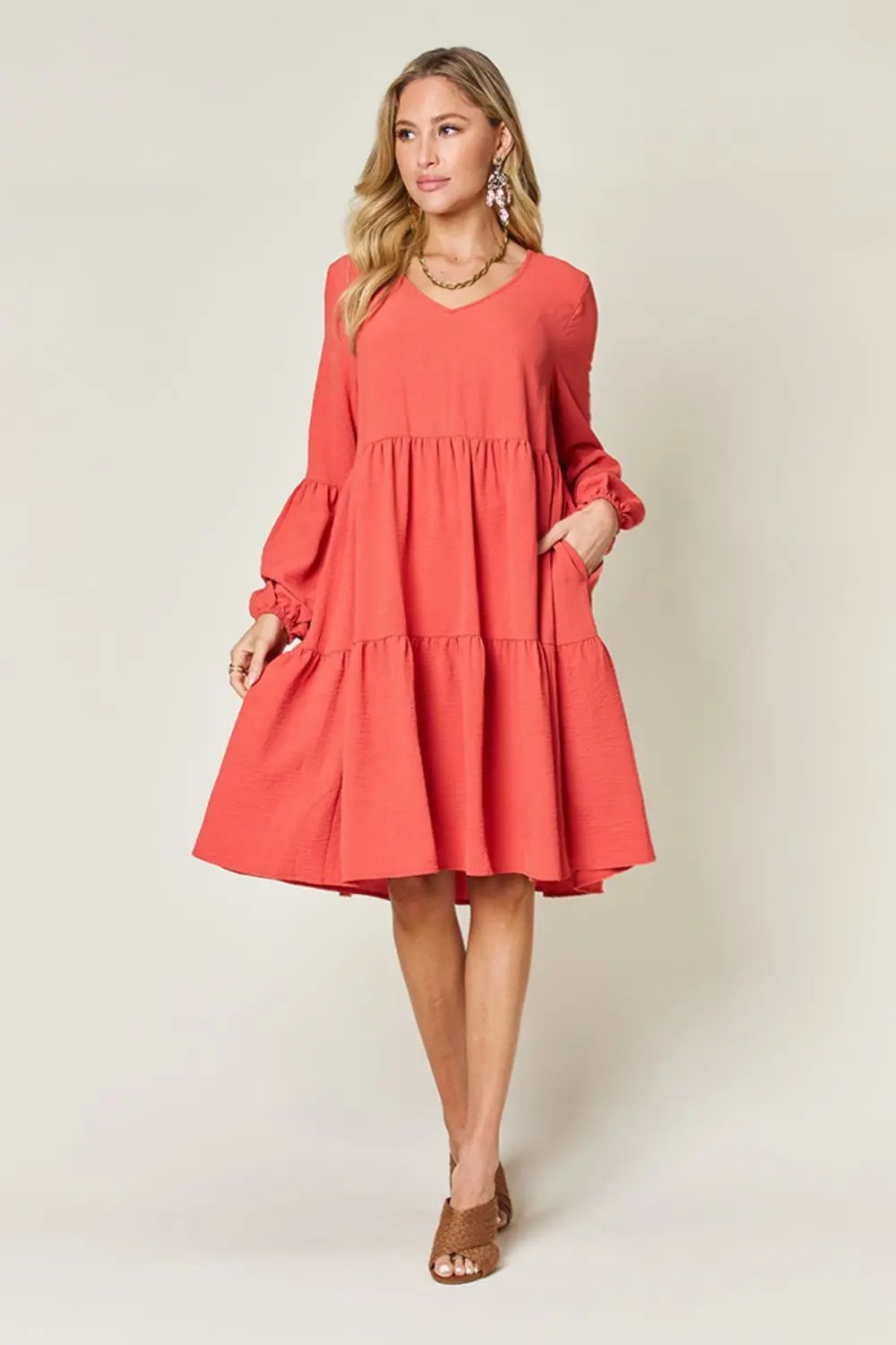 Double Take Full Size V-Neck Balloon Sleeve Tiered Dress - Love Salve