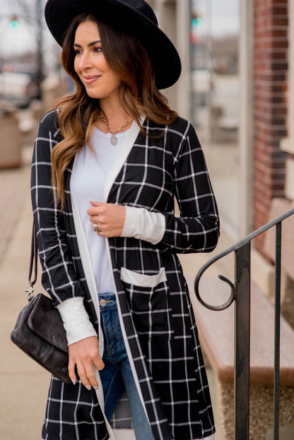 Plaid Colorblock Open Front Cardigan with Pockets in Black