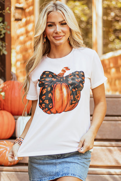 White pumpkin graphic t-shirt with bowknot detail for Halloween