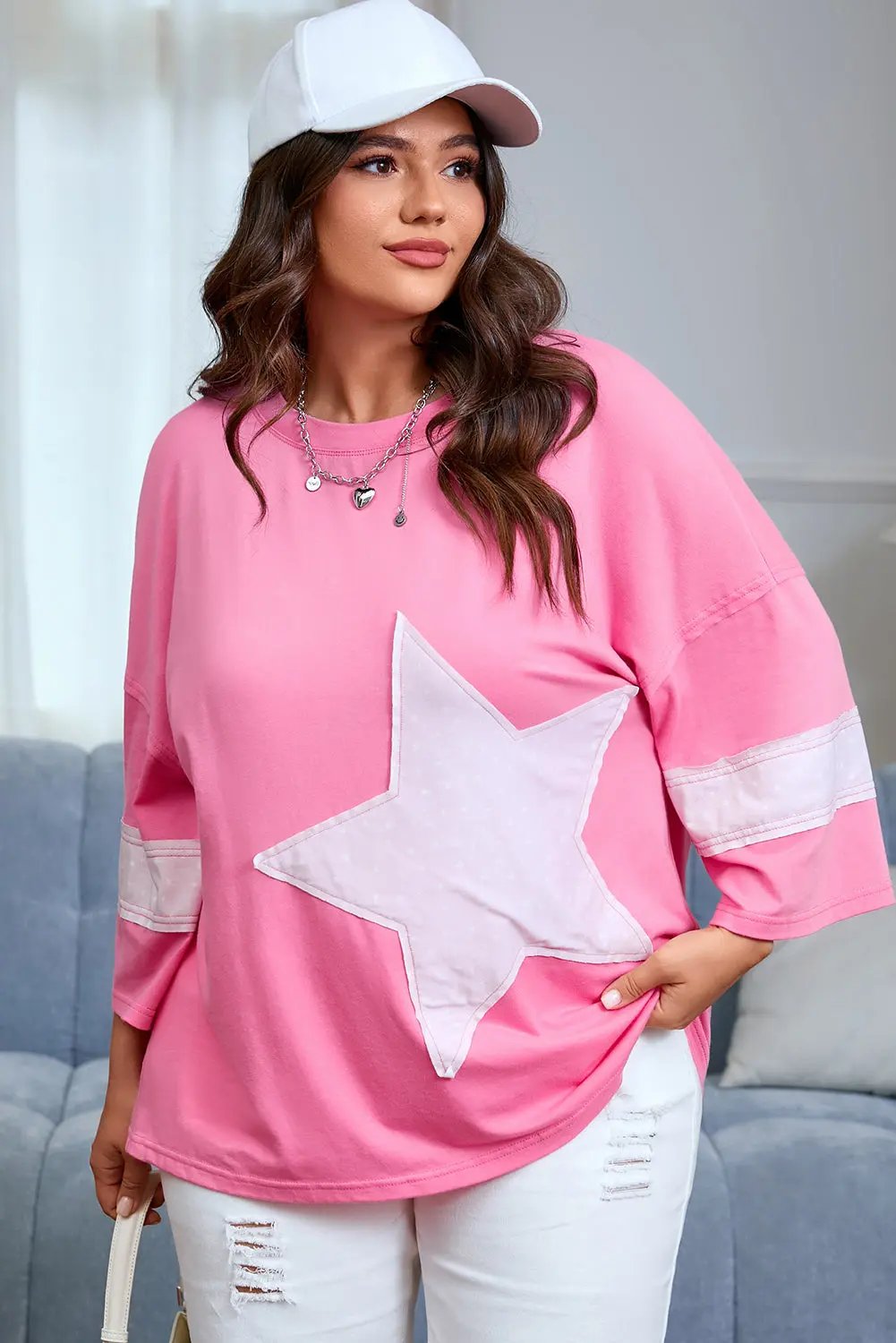 Plus Size Pink Star Patched Colorblock Raw Edge Loose Tee Dear-Lover Dropshipping