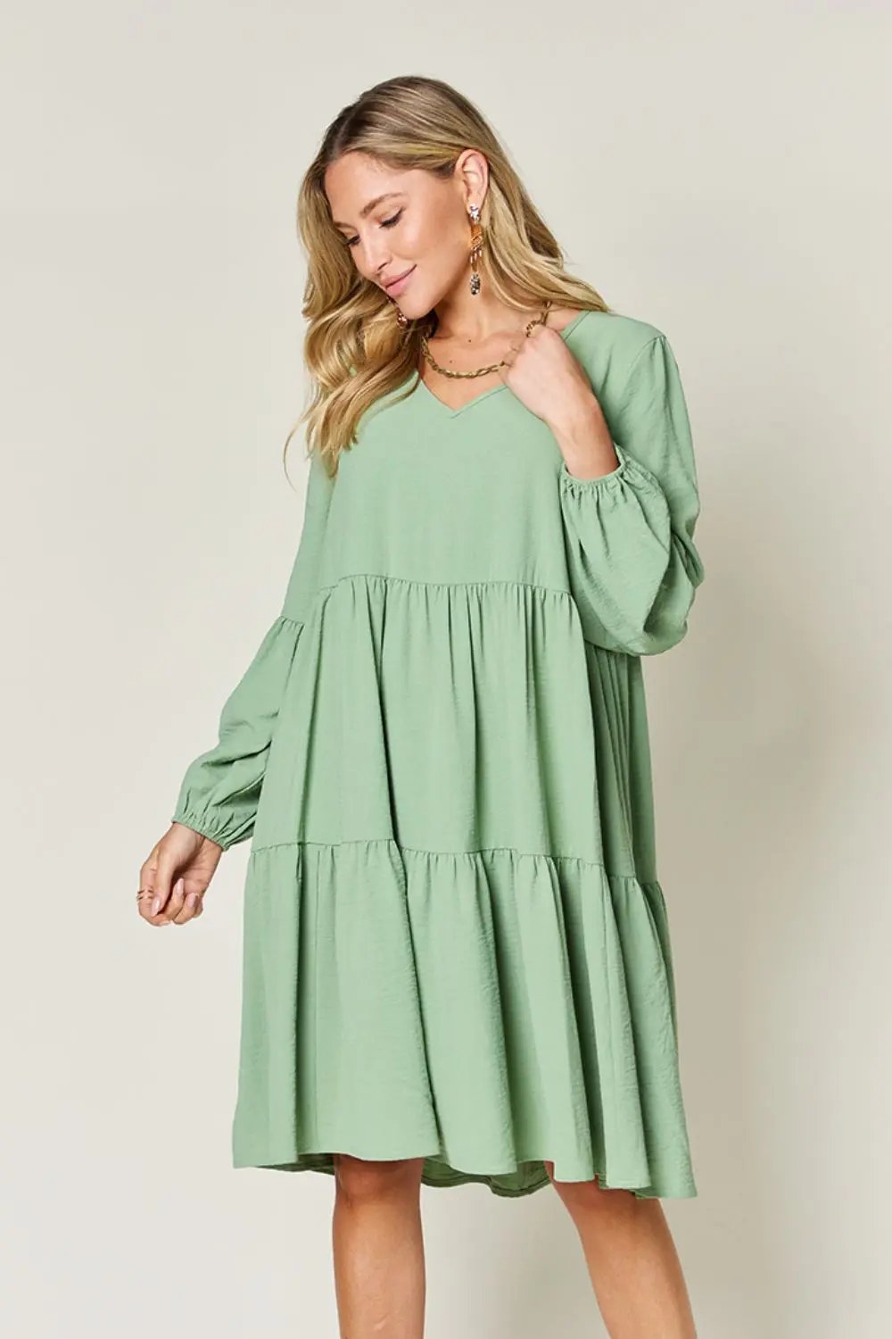 Double Take Full Size V-Neck Balloon Sleeve Tiered Dress - Love Salve