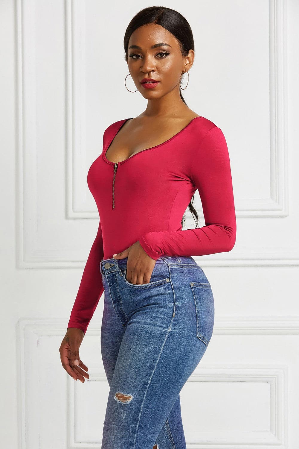 Half Zip Scoop Neck Long Sleeve Bodysuit.