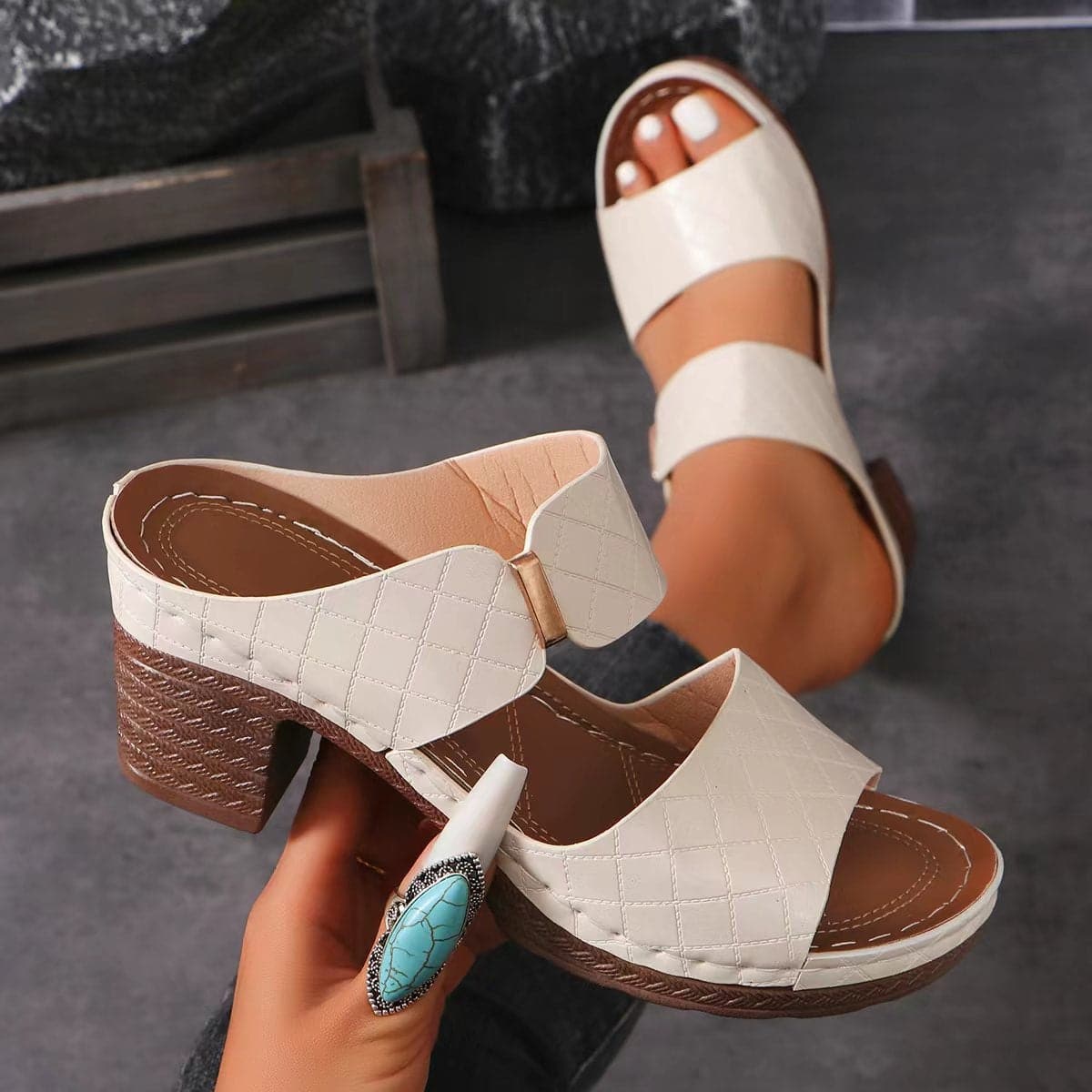 PU Leather Block Heel Sandals.