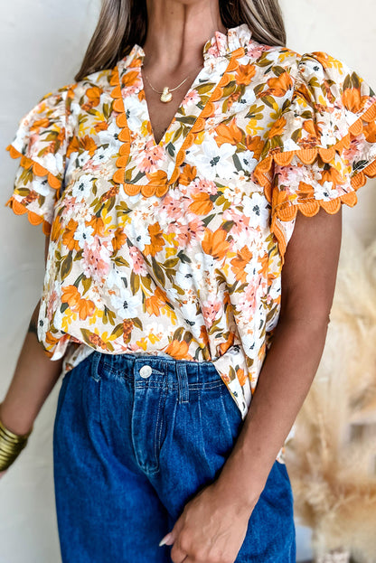 Russet Orange Ruffled V Neck Scalloped Floral Blouse