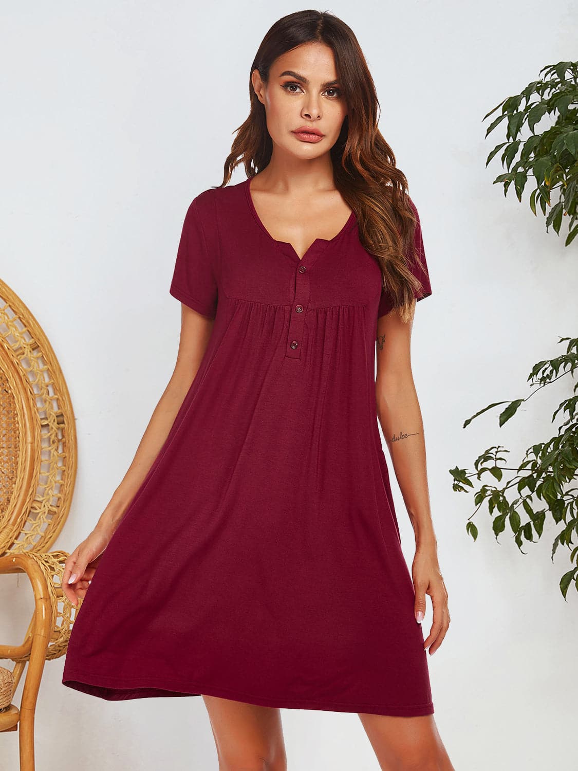 Notched Short Sleeve Mini Lounge Dress.