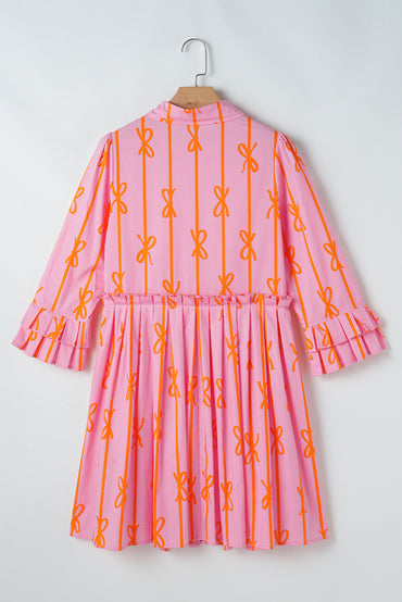 Pink Bowknot Striped Printed Tiered Ruffled Mini Shirt Dress