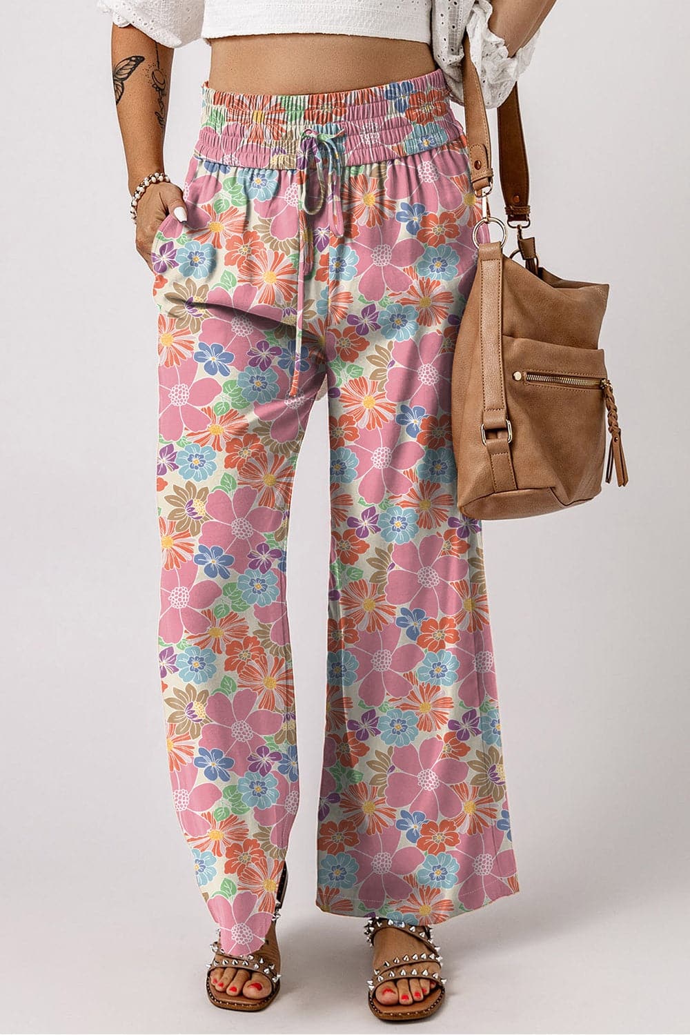 Drawstring Printed Wide Leg Pants.