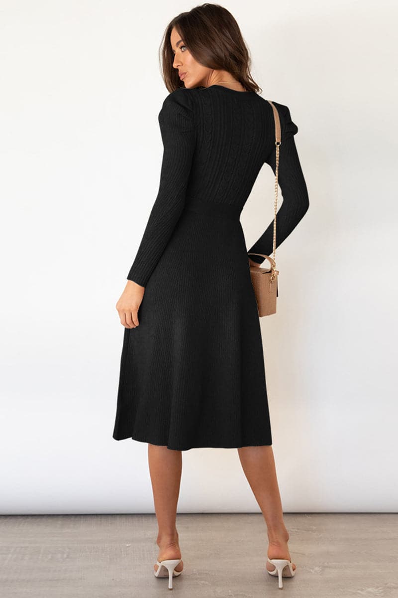 Round Neck Long Sleeve Tie Waist Sweater Dress.