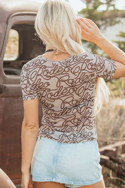 Brown Rodeo Print Round Neck Slim Fit Mesh T Shirt for Men - Love Salve 