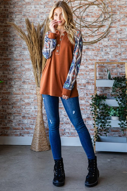 Cozy chic half button hooded long sleeve top with unique print