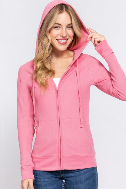 ACTIVE BASIC Waffle Knit Drawstring Zip Up Long Sleeve Hoodie.