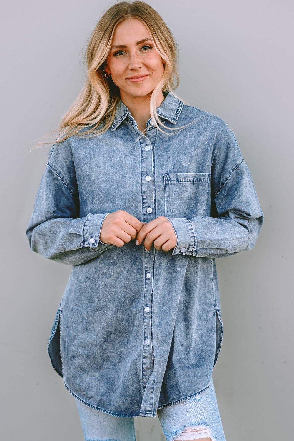 Button Up Dropped Shoulder Denim Top.