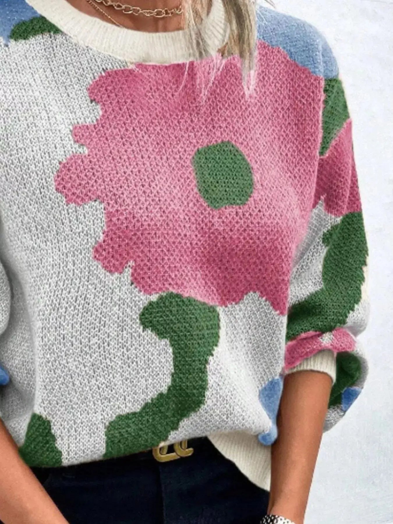 Floral Pattern Round Neck Sweater Simply Love
