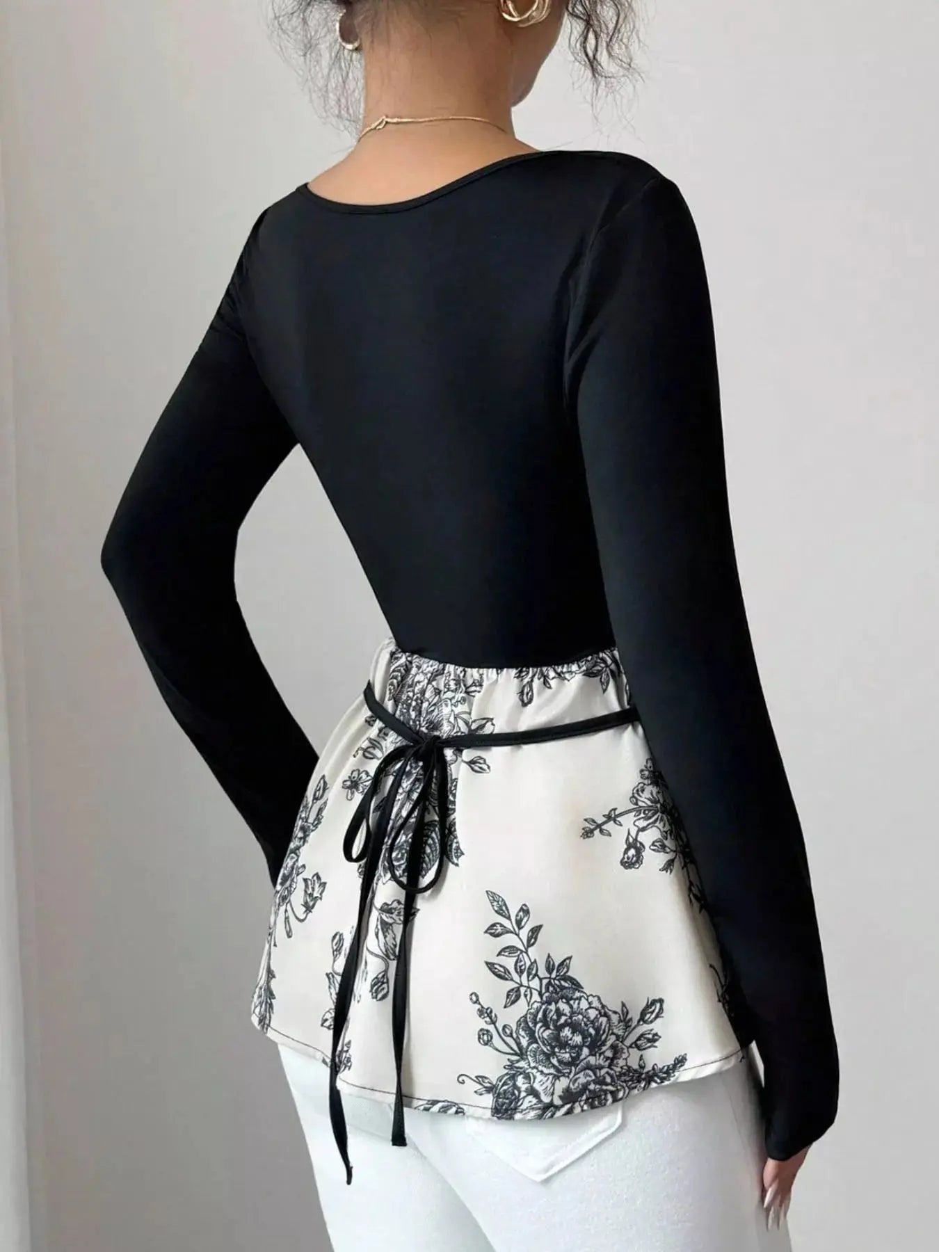 Floral Print Peplum Hem Long Sleeve Top Simply Love
