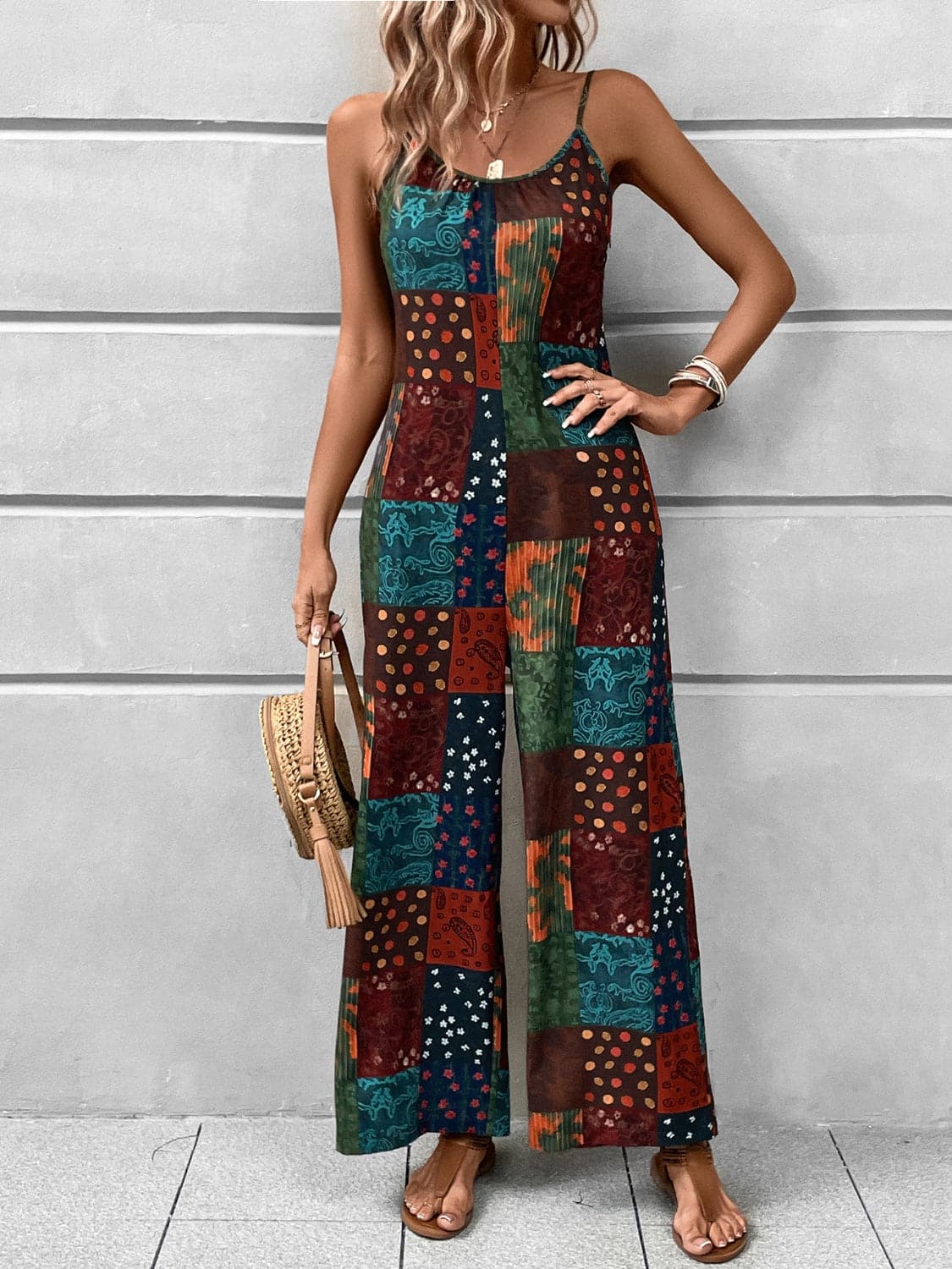 Printed Scoop Neck Spaghetti Strap Jumpsuit.