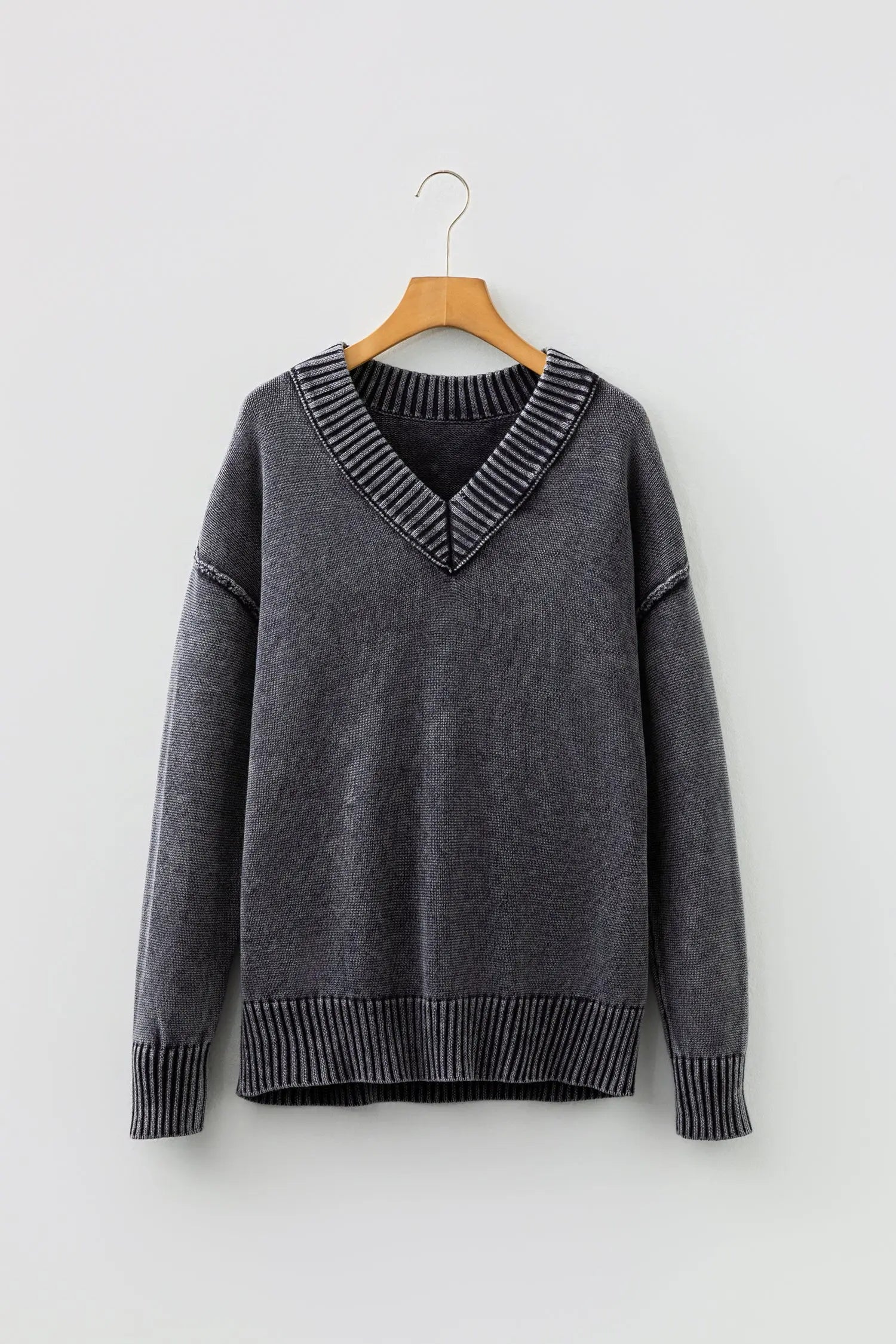 Black Mineral Wash V Neck Knit Sweater Exposed Seams And Drop Shoulder Loose Dear-Lover Dropshipping