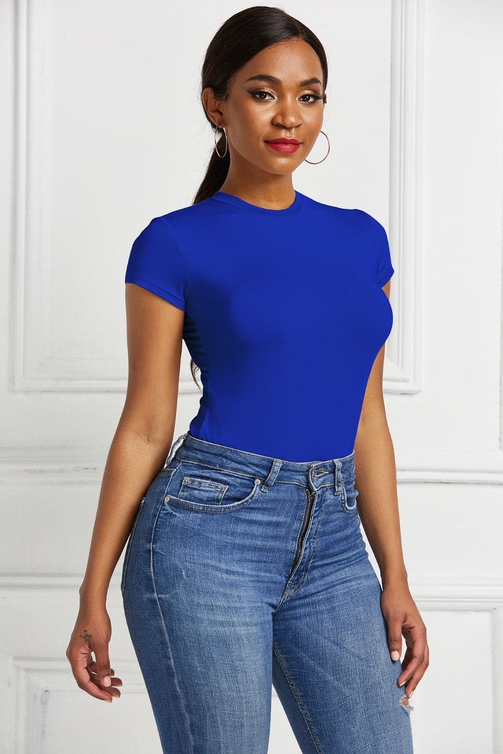 Round Neck Short Sleeve Bodysuit.