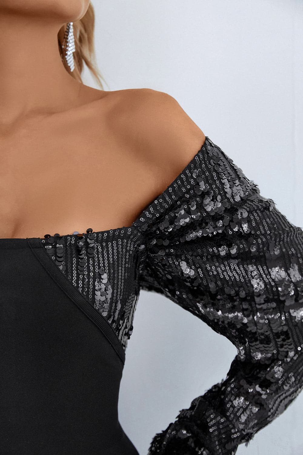 Sequin Off-Shoulder Mini Dress.