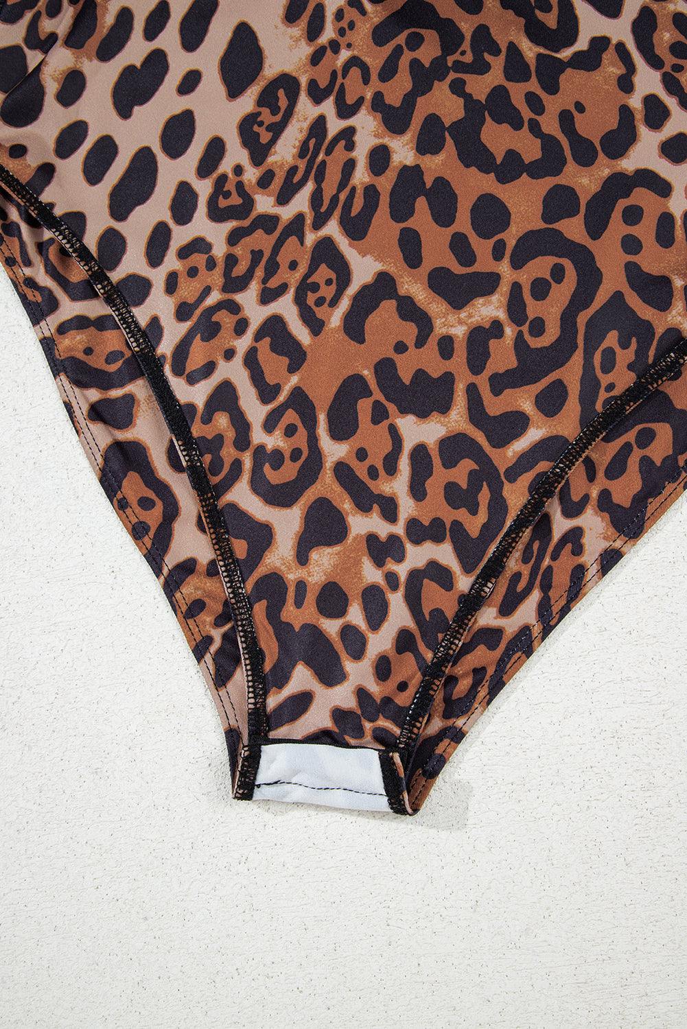 Brown Spaghetti Straps Ruched Leopard Bodysuit for Women