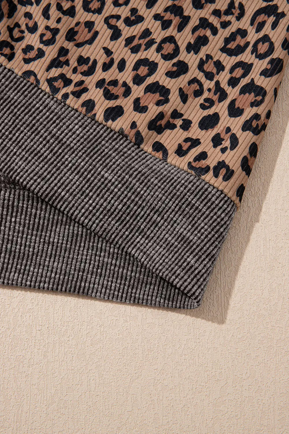 Khaki Ribbed Leopard Print Contrast Collar Zip Hooded Pullover Sweatshirt Dear-Lover Dropshipping