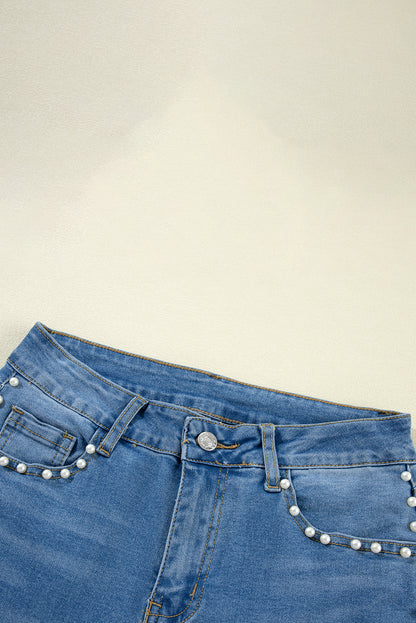 Dusk Blue Pearl-Studded Boot Cut Jeans for Effortless Style