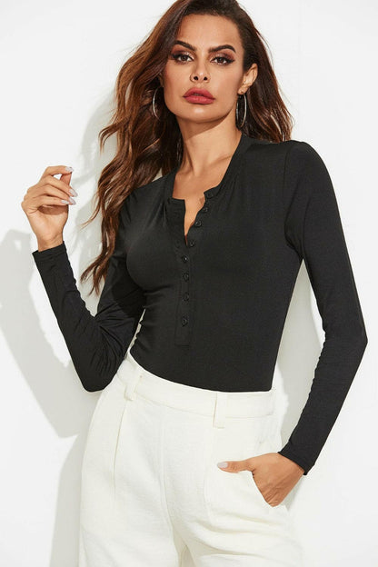 Half Button Round Neck Long Sleeve Bodysuit.