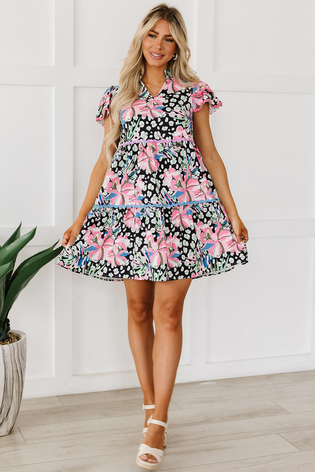 Charming Pink Floral Ricrac Embellished Tiered Mini Dress