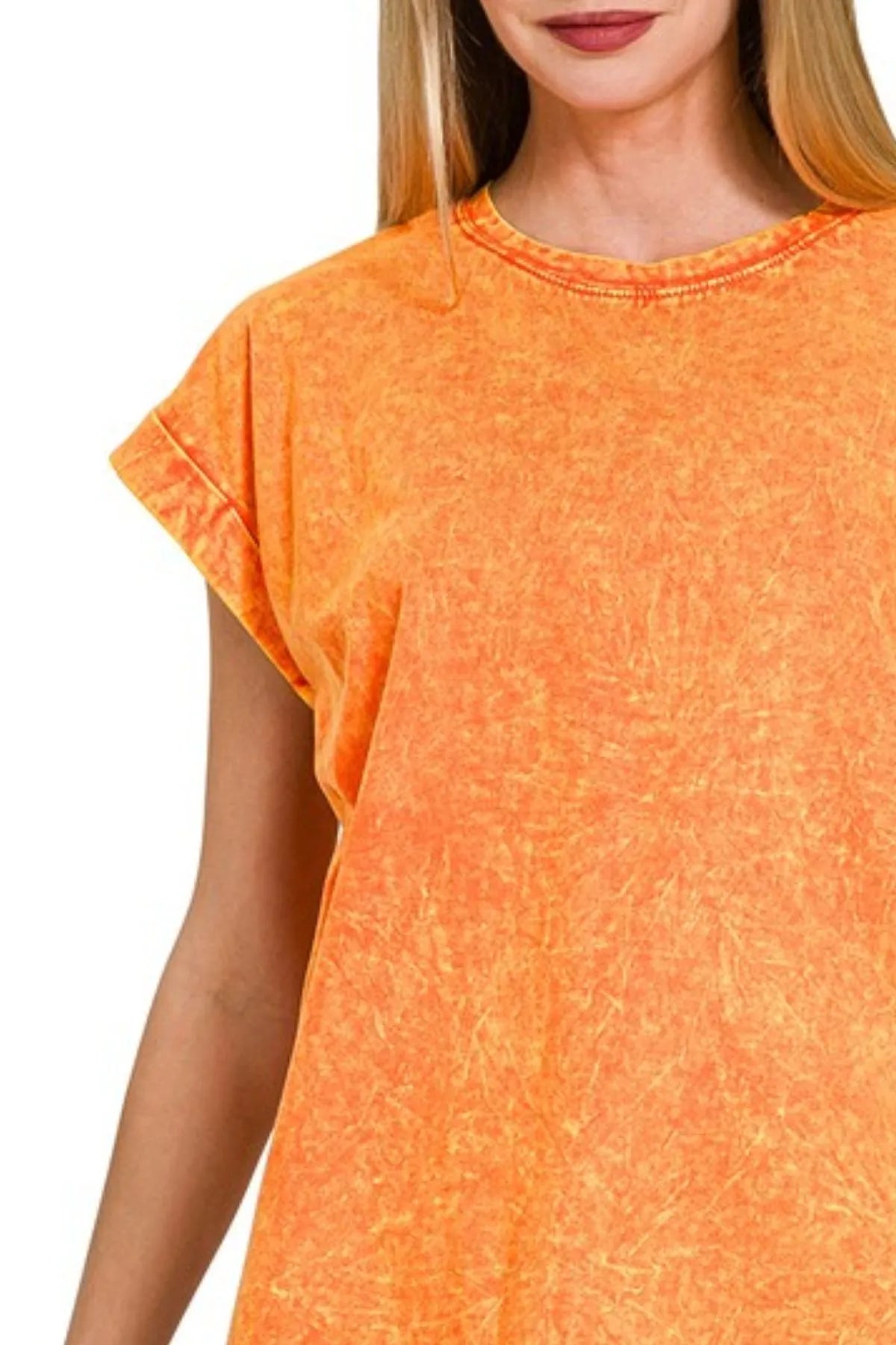 Zenana Crinkle Washed Round Neck Folded Short Sleeve Tee - Love Salve 
