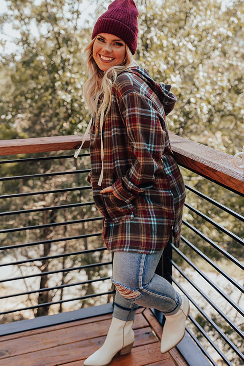 Chic fiery red plaid plus size hoodie with kangaroo pocket