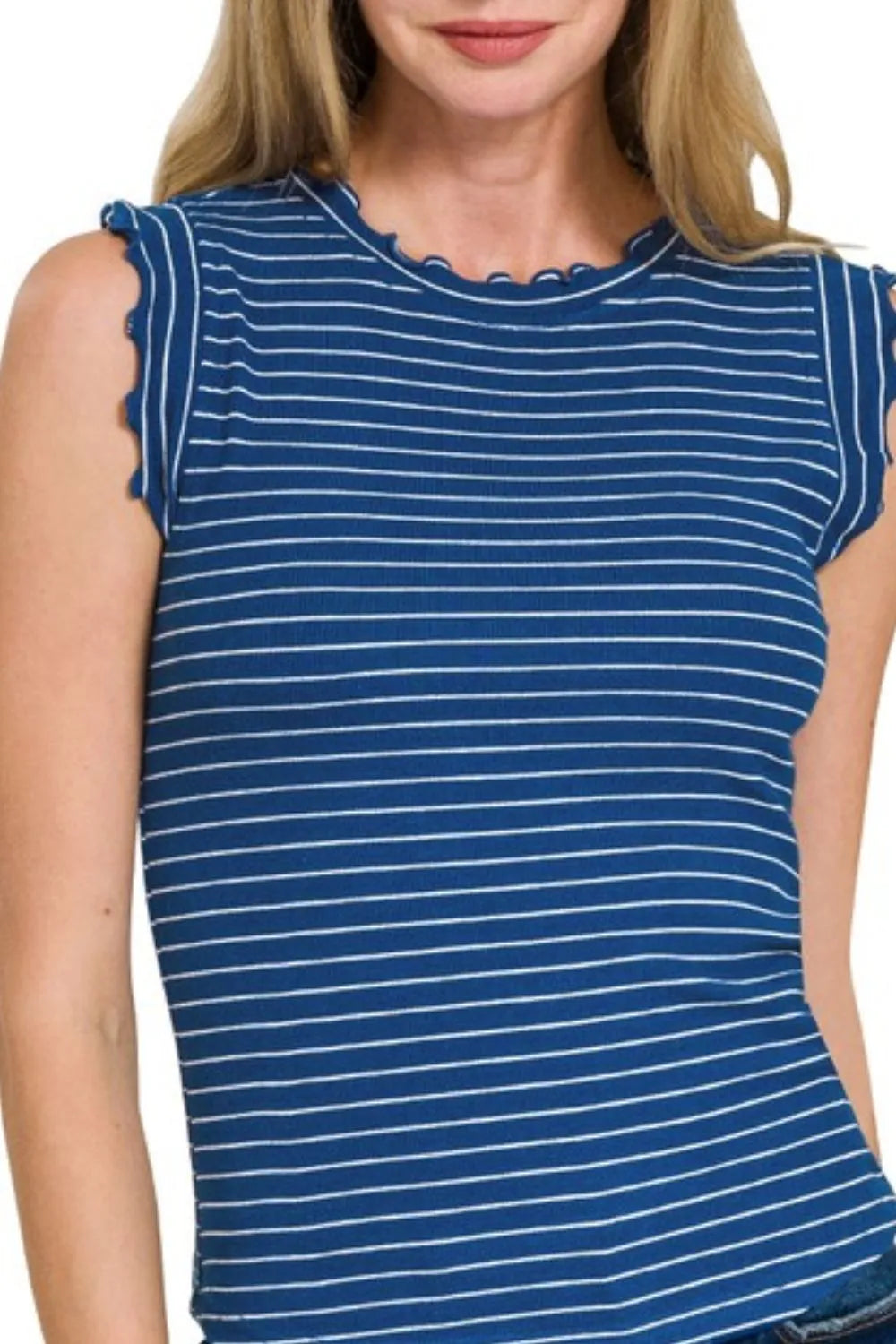 Zenana Ribbed Ruffle Trim Sleeveless Stripe Top - Love Salve 