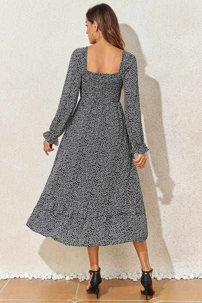 Printed Square Neck Long Sleeve Midi Dress.