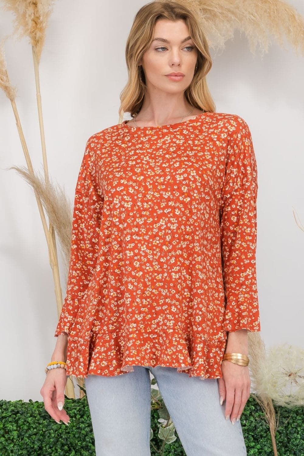 Celeste Full Size Floral Ruffle Detail Top.