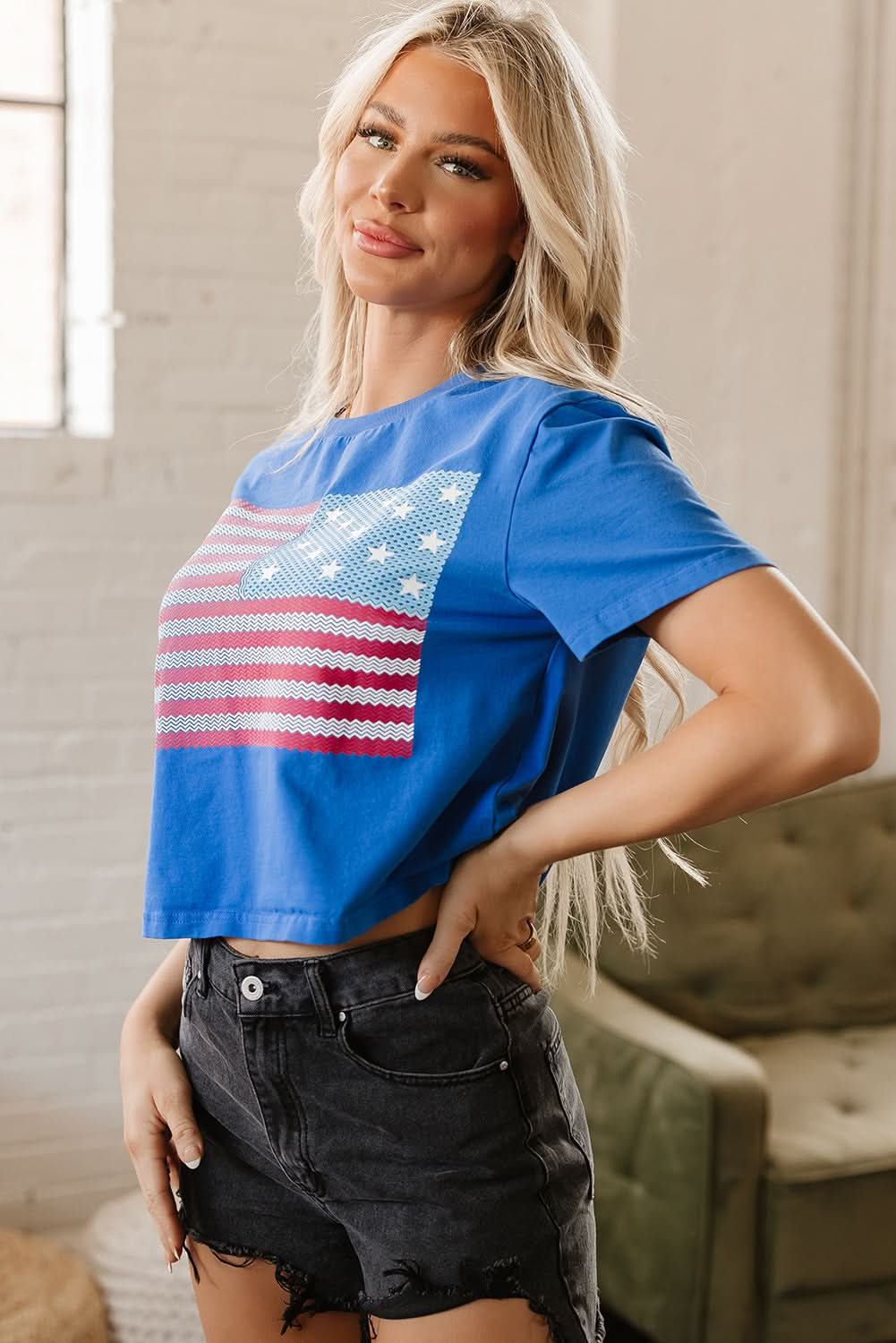 Teal American Flag Crew Neck Short Sleeve Tee