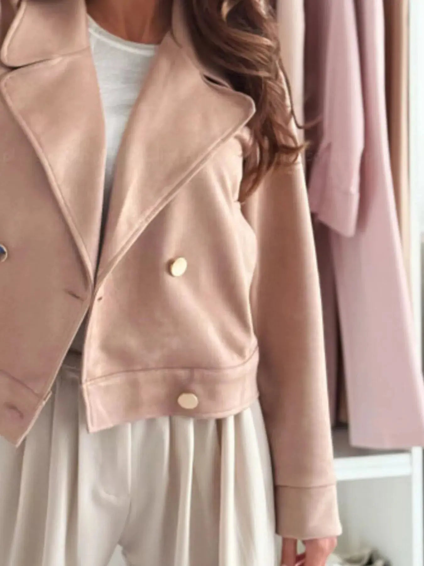 Beige Polyester Double Breasted Lapel Collar Jacket With Pockets Simply Love