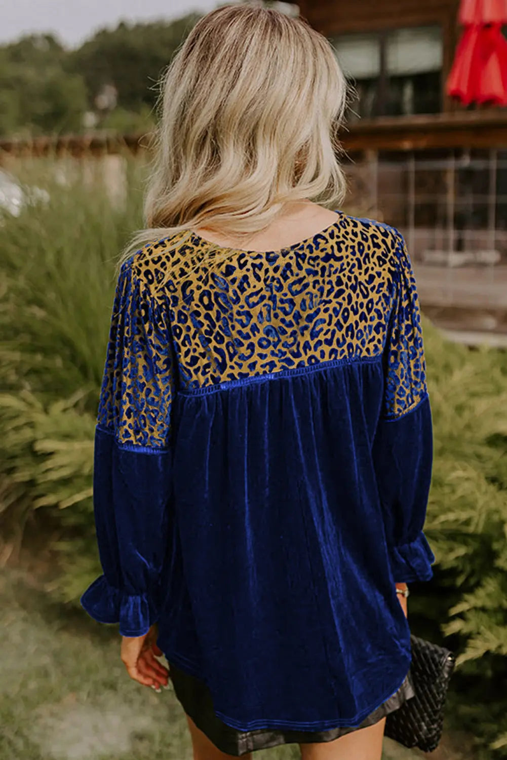 Sky Blue Leopard Patchwork Velvet Blouse with Flounce Sleeve Dear-Lover Dropshipping