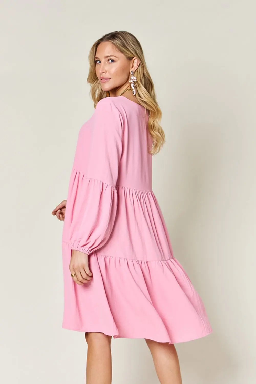 Double Take Full Size V-Neck Balloon Sleeve Tiered Dress - Love Salve