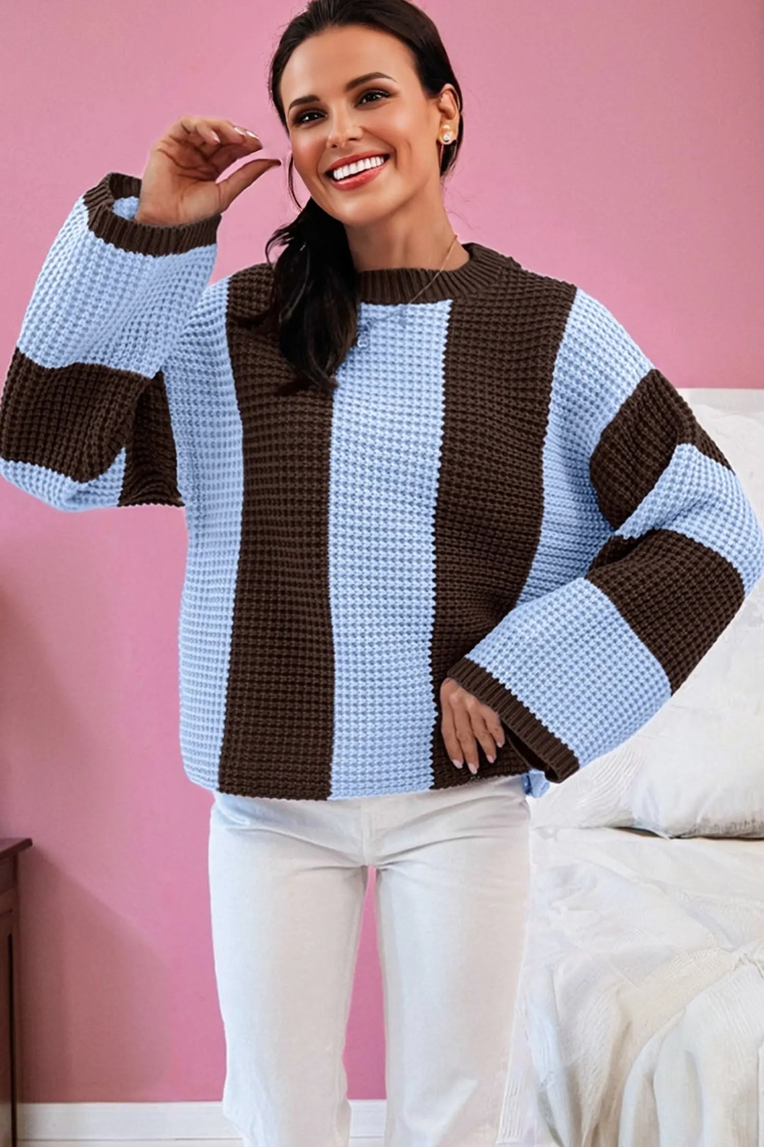 Myosotis Striped Color Block Thermal Textured Knit Drop Shoulder Sweater Dear-Lover Dropshipping