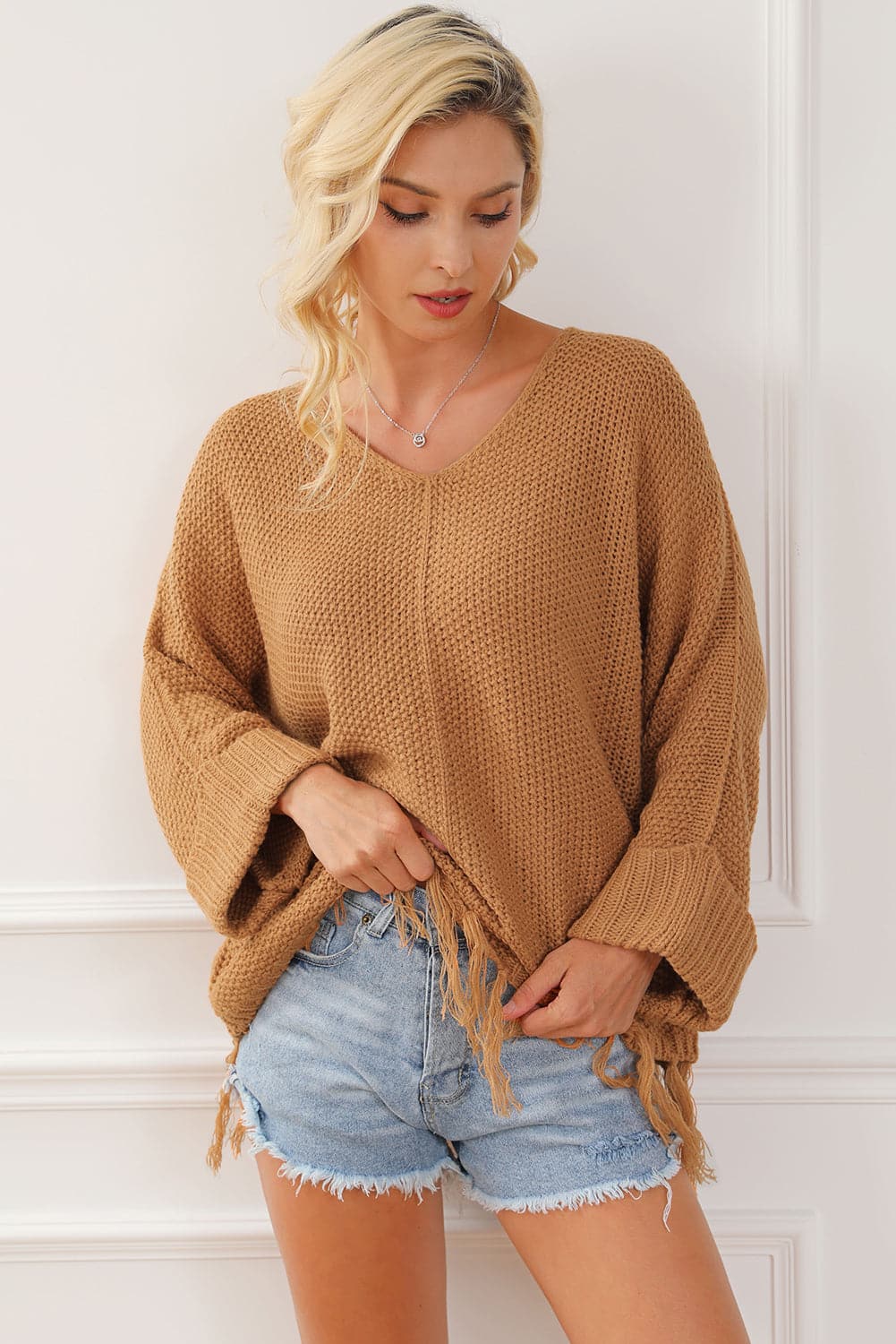 Fringe V-Neck Long Sleeve Sweater.