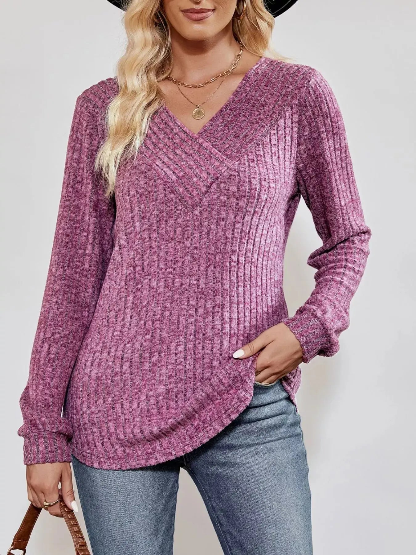 Ribbed Knit V-Neck Long Sleeve T-Shirt Simply Love