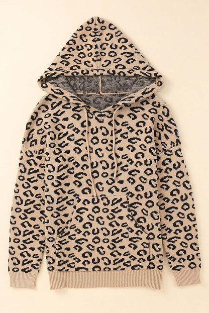 Woven Right Leopard Print Drawstring Hooded Sweater.