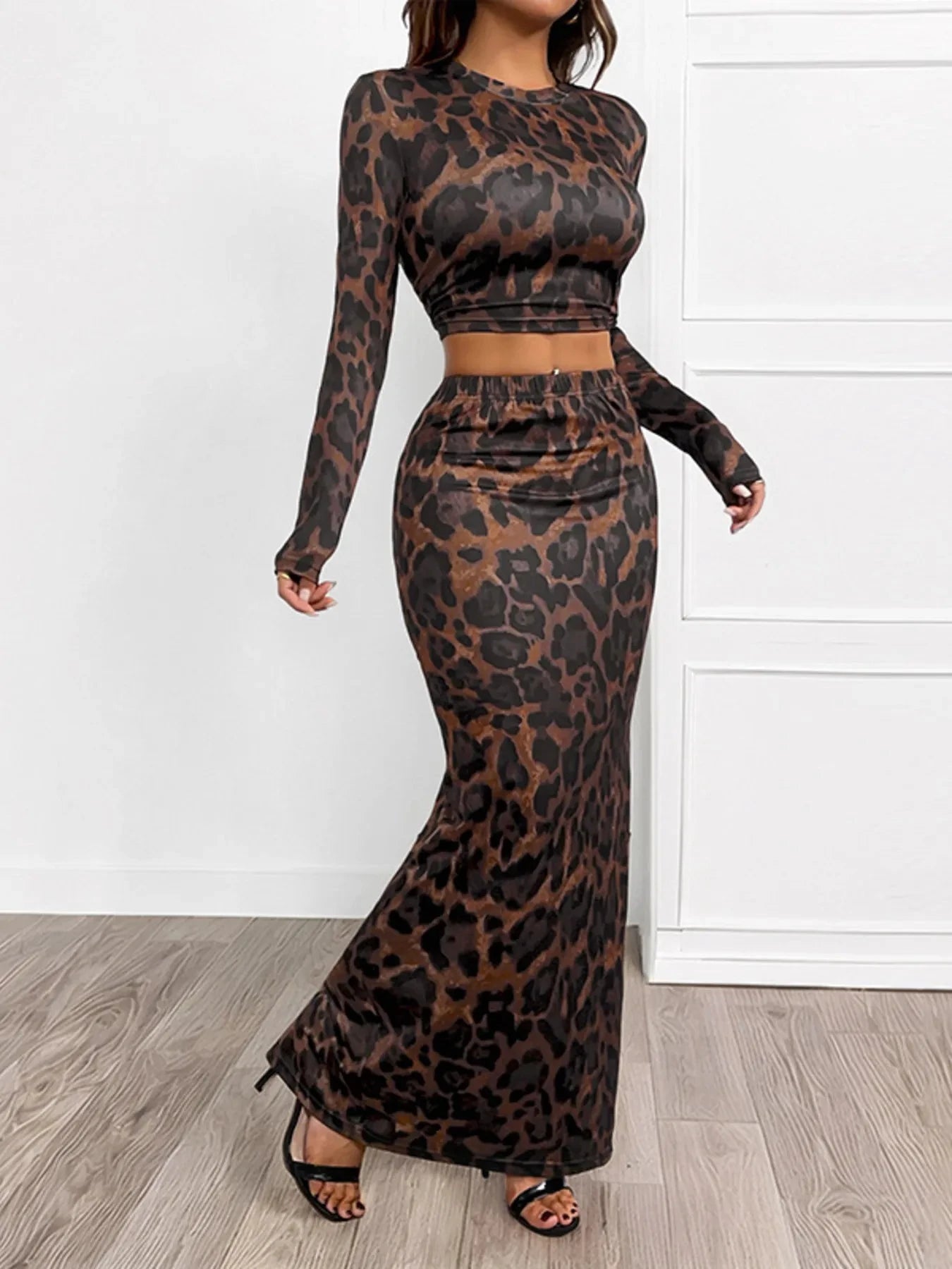 Leopard Round Neck Top and Skirt Set Coco’s Tee Boutique