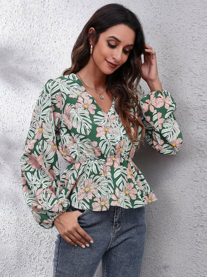 Floral V-Neck Balloon Sleeve Peplum Blouse.