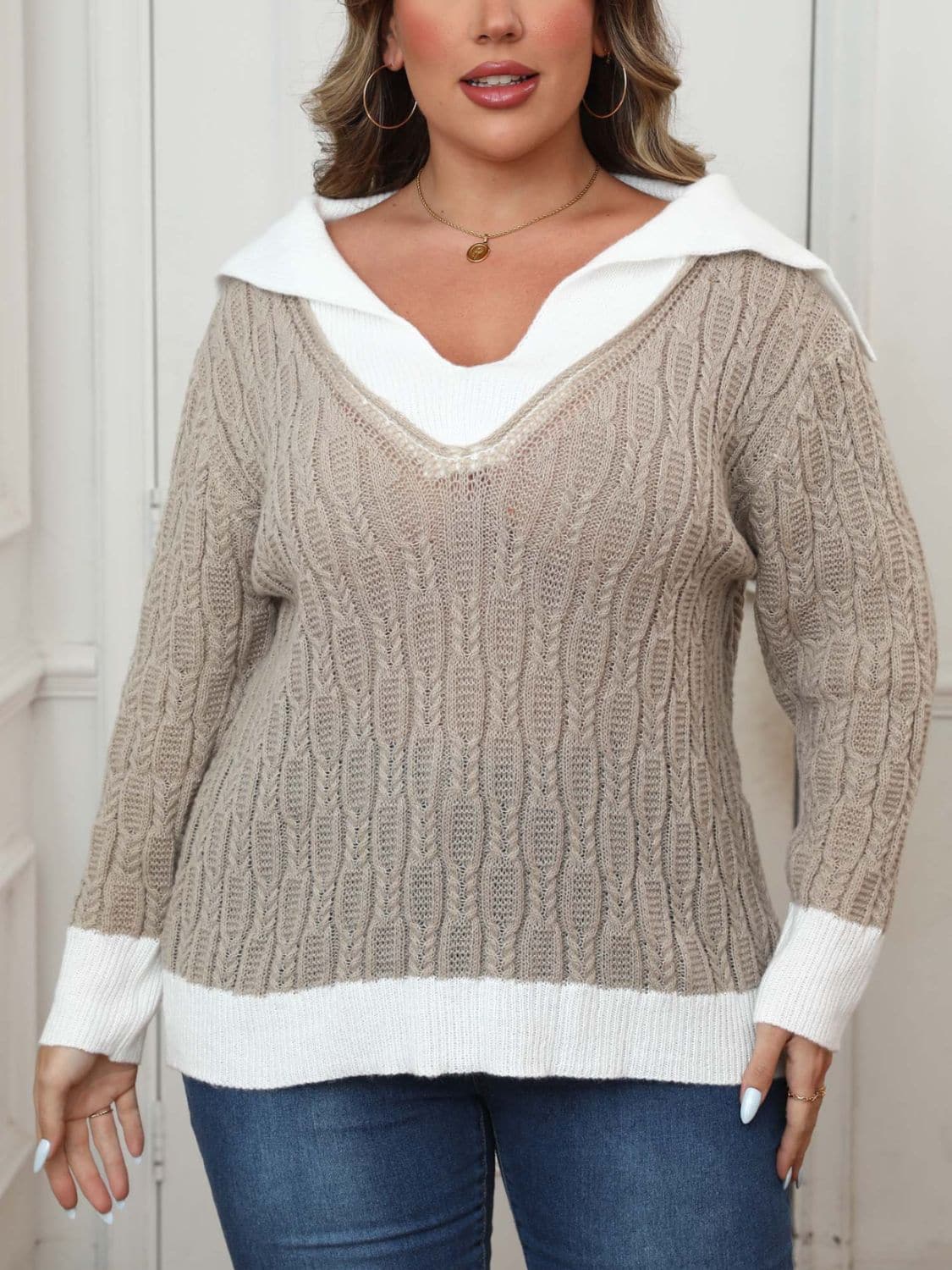 Plus size collared sweater with contrast trim