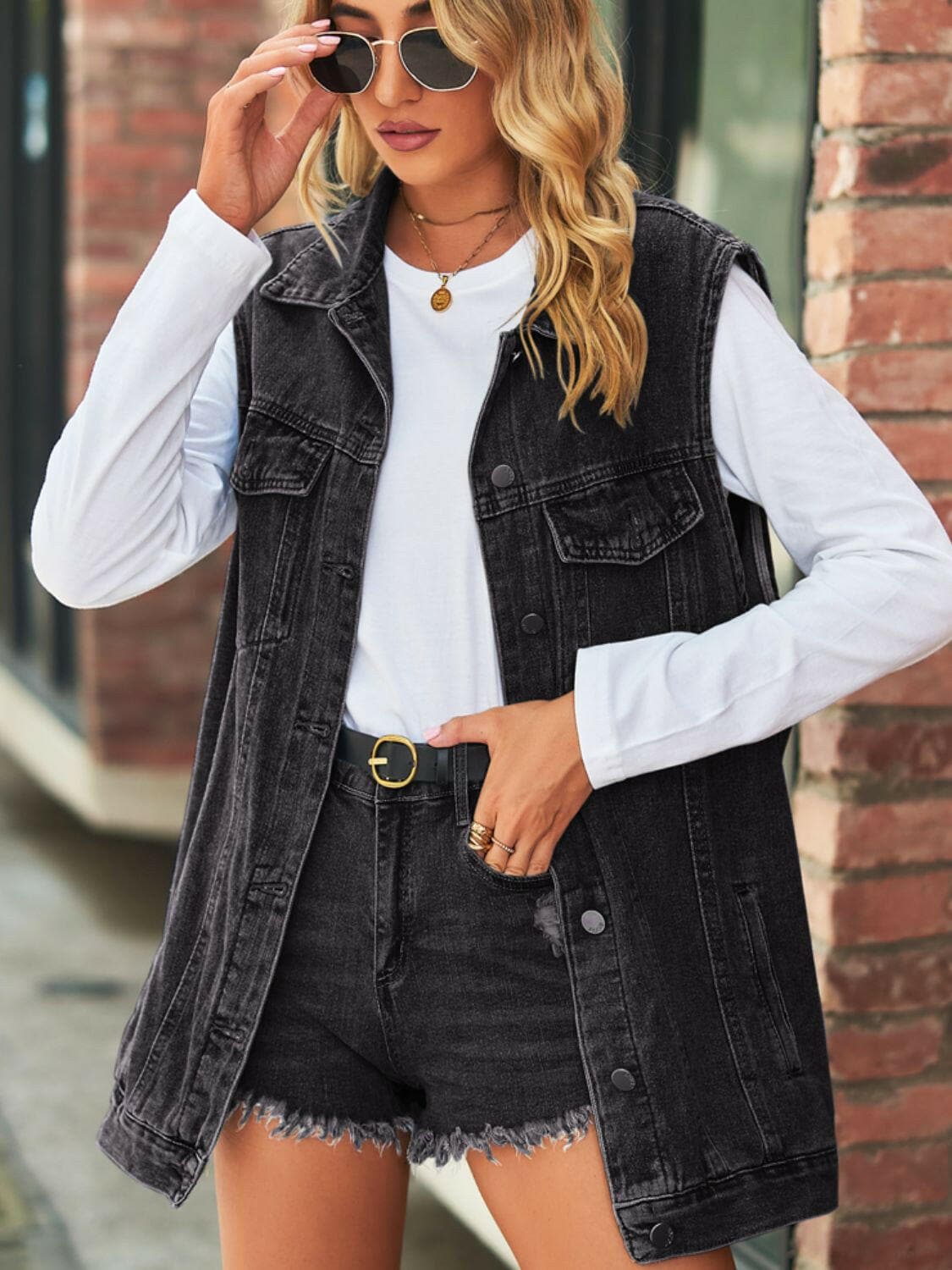 Collared Neck Sleeveless Denim Top with Pockets.