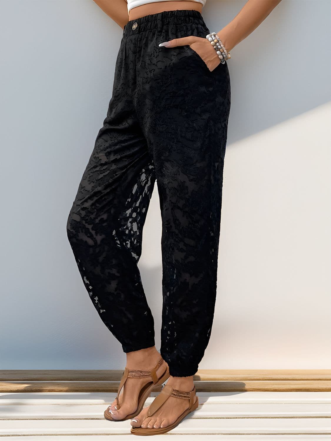 Luxe Lace-Trimmed Pocketed Elastic Waist Trousers