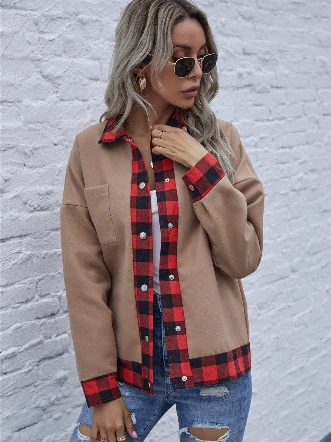 Plaid Trim Long Sleeve Jacket.