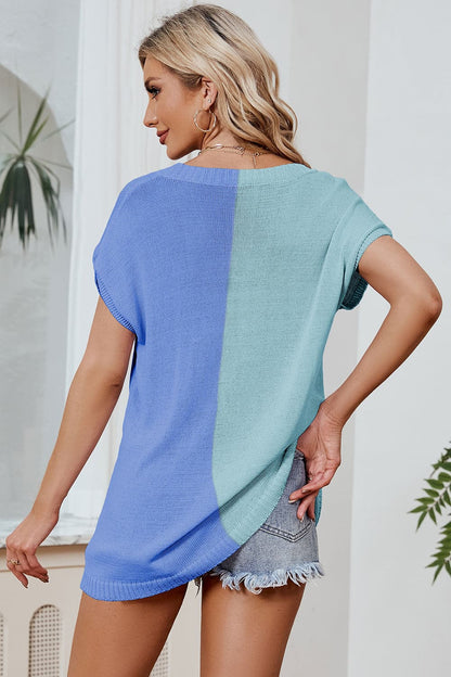 Color Block V-Neck Short Sleeve Knit Top.