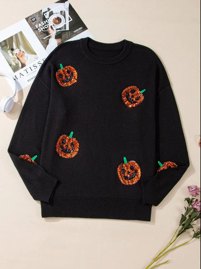 Sparkling pumpkin charm plus size round neck sweater